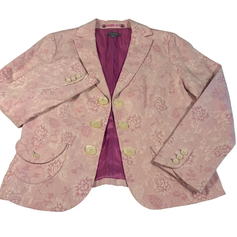 Ann Taylor Petites‎ 8P Pink Floral Jacquard Brocade Linen blend Blazer Easter